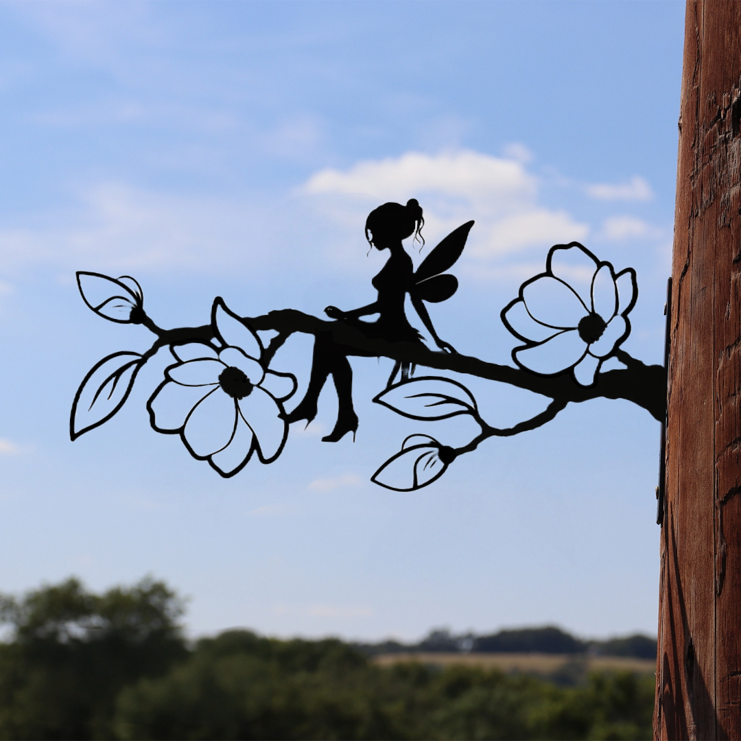Branche magique de fée en métal noir, silhouette, décoration montable sur arbre ou clôture