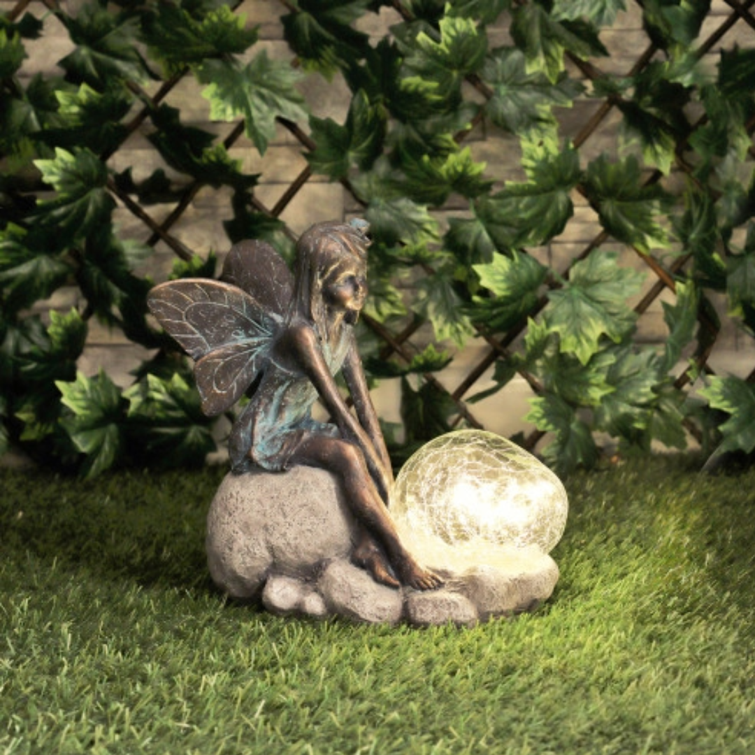 Resin Fairy On Snail or with Solar Light Flower Bubble - Magical Sculpture for Indoors Outdoor Garden Decoration Light Up