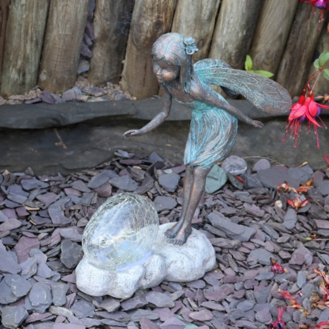 Resin Fairy On Snail or with Solar Light Flower Bubble - Magical Sculpture for Indoors Outdoor Garden Decoration Light Up