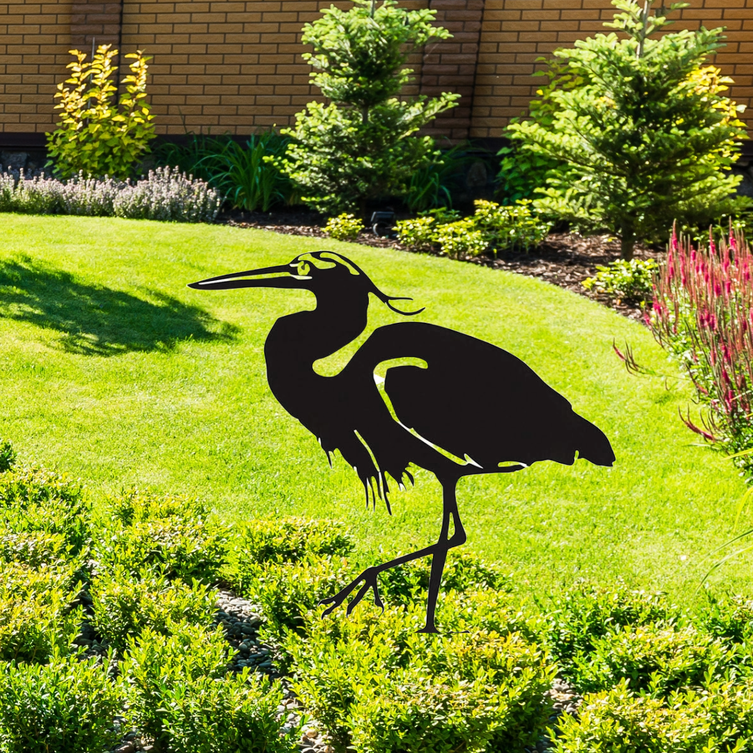 Heron Garden Silhouette with Fixing Plate, Black, 45 x 45 x 1.2 cm