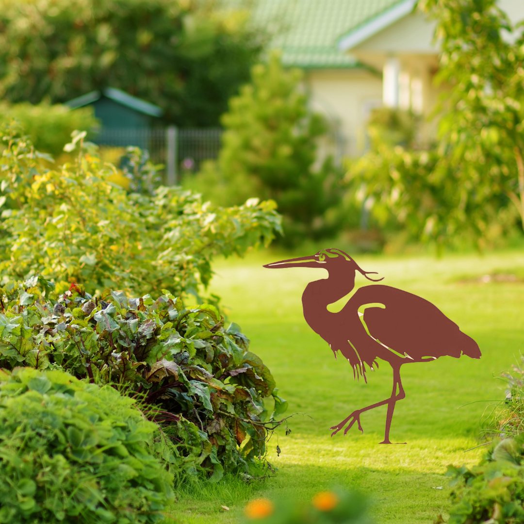 Heron Garden Silhouette with Fixing Plate, Rusted, 45 x 45 x 1.2 cm