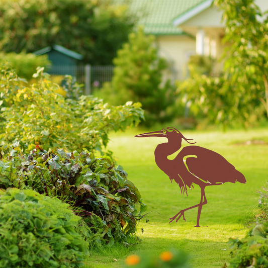 Heron Garden Silhouette with Fixing Plate, Rusted, 45 x 45 x 1.2 cm