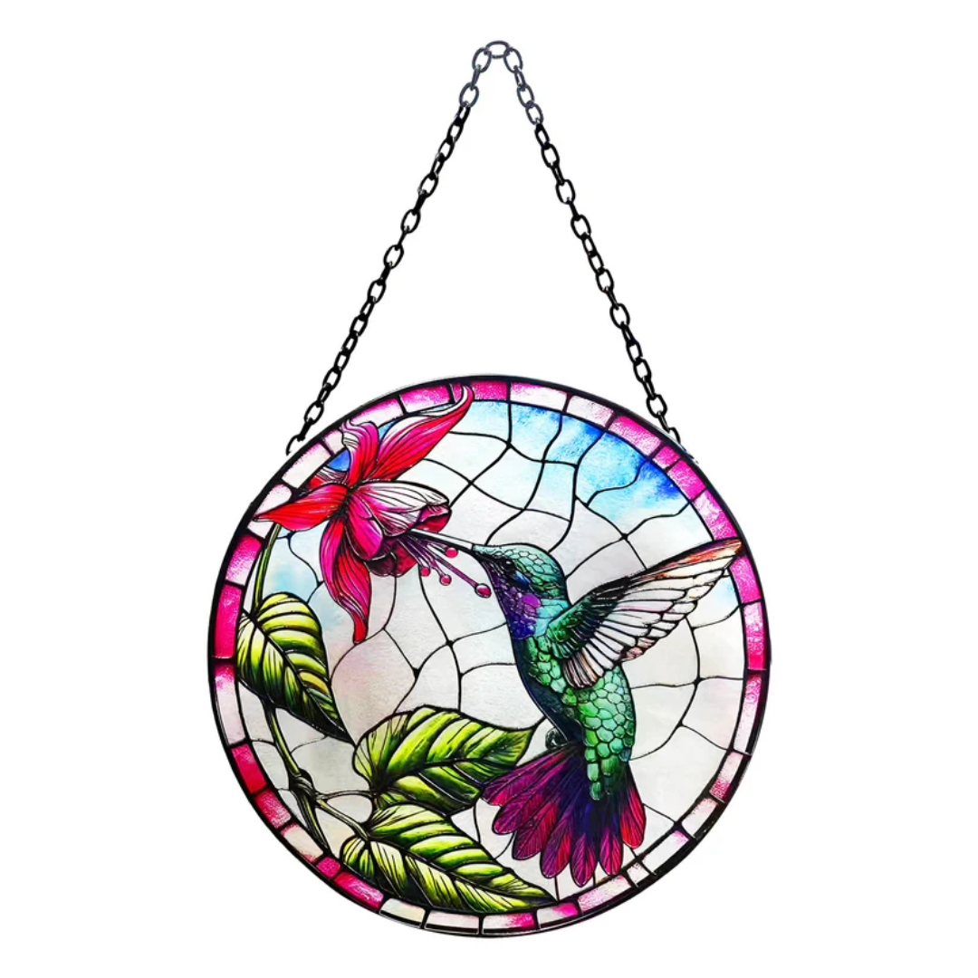 Stained Glass Suncatcher Hummingbird Hanging Round Orbit Garden Bird Decoration