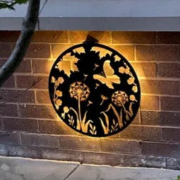 Solar Backlit Butterfly Dandelion Silhouette Wall Art - Outdoor Metal Garden Decor