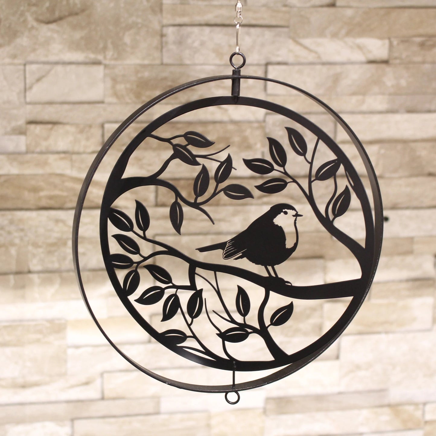 Robin in Tree Silhouette Hanging Orbit Spinner - Black Bronze