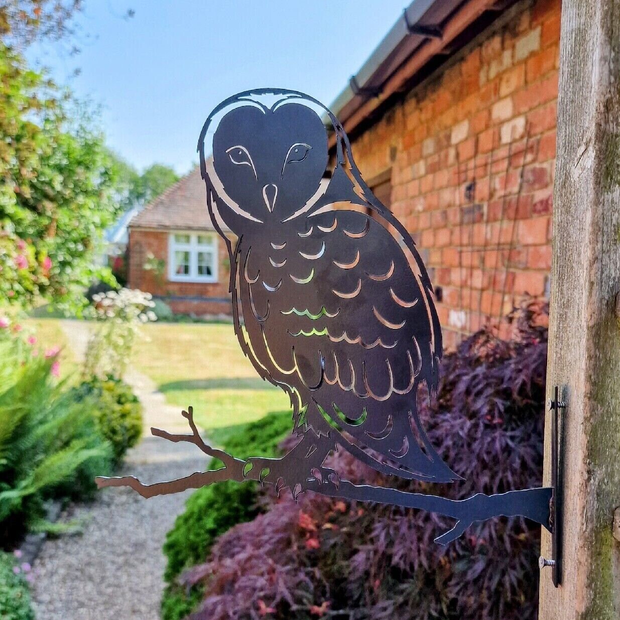 Owl Branch Stand Metal Black Silhouette, Tree or Fence Mountable Decoration