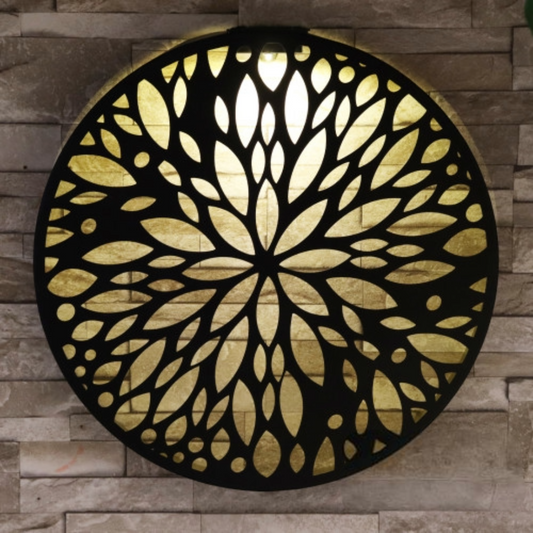 Round Abstract Flower Solar Wall Panel Metal LED Garden Decor