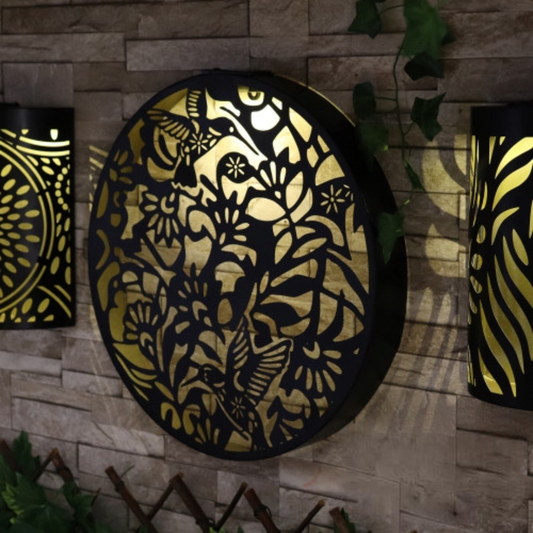 Round Hummingbird Solar Wall Panel Metal LED Garden Decor