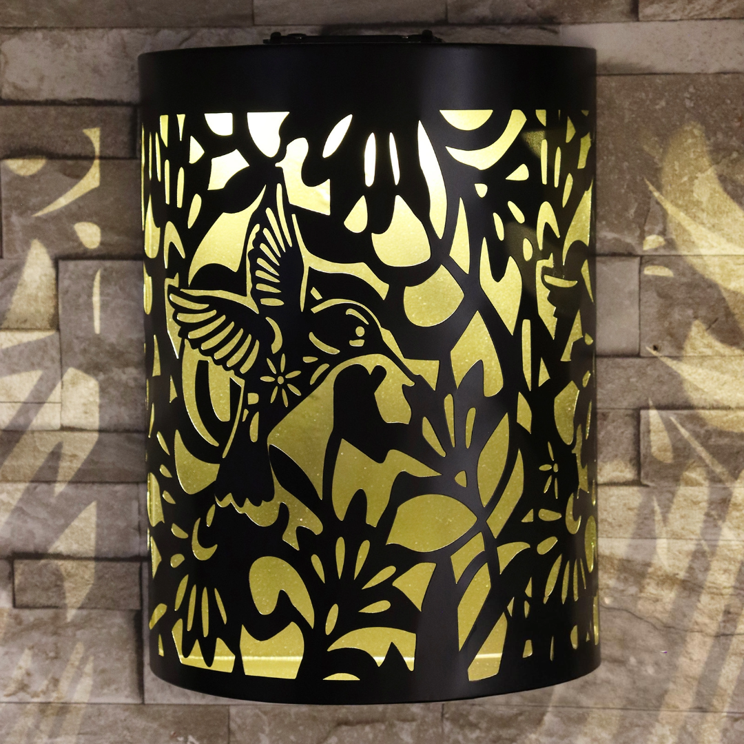 Curved Hummingbird Solar Wall Panel LED Light Metal Garden Wall Lights