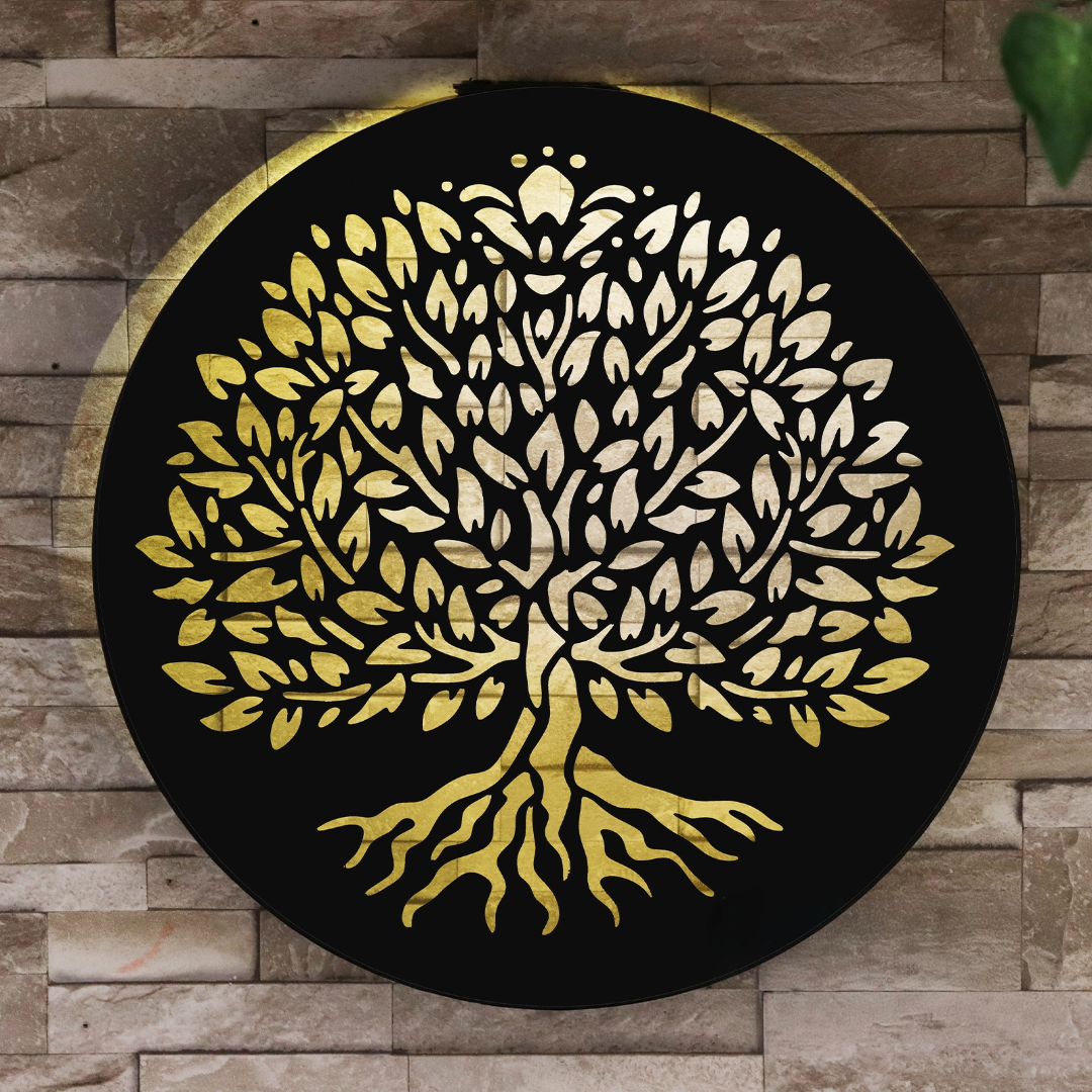 Round Tree of Life Solar Wall Panel Metal LED Garden Decor