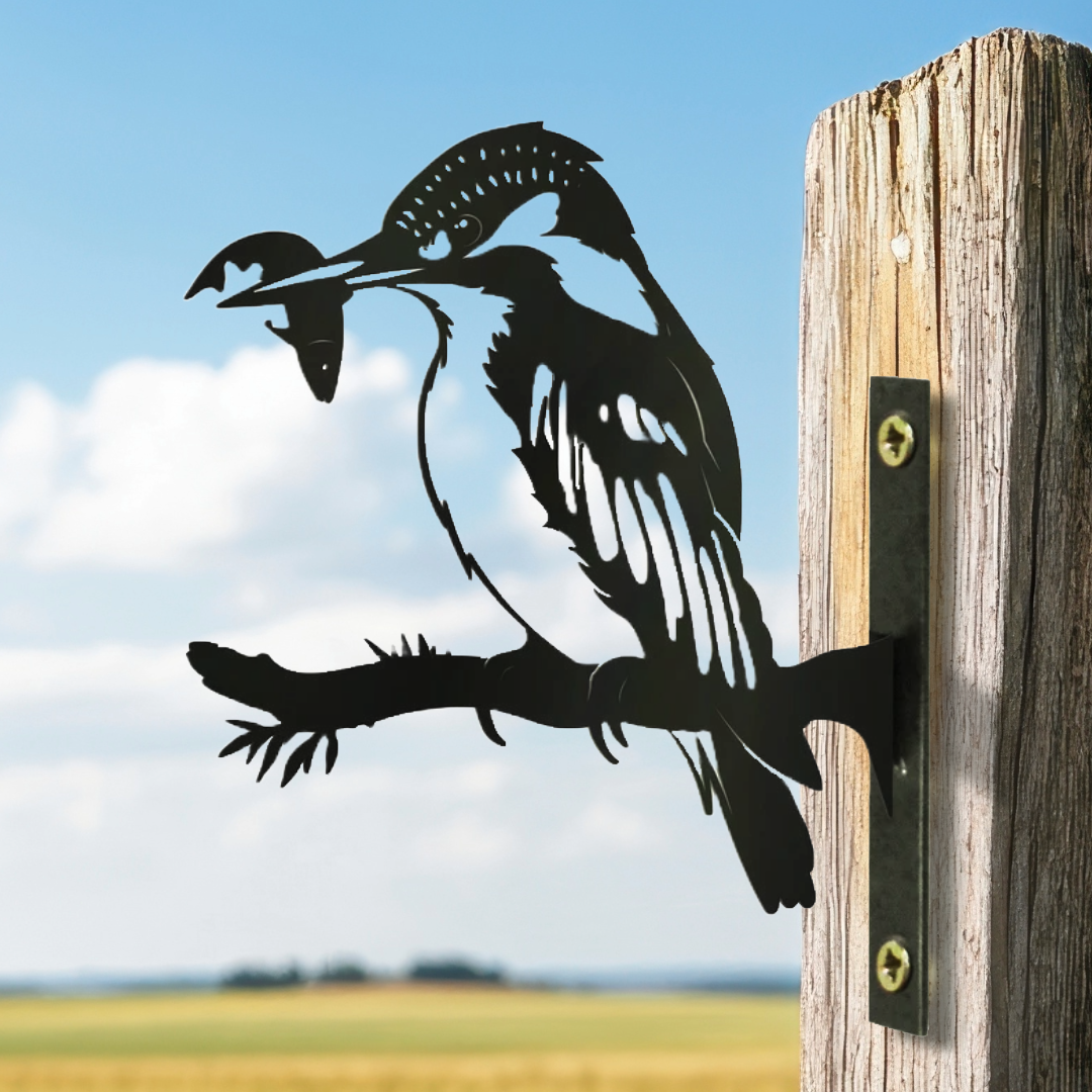 Support de branche de martin-pêcheur en métal noir, silhouette, décoration montable sur un arbre ou une clôture