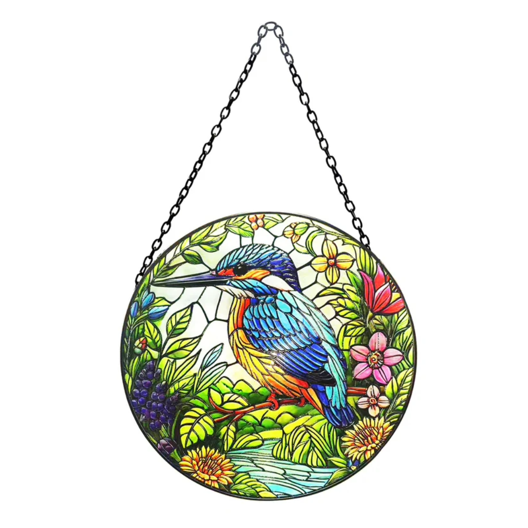 Stained Glass Suncatcher Kingfisher Hanging Round Orbit Garden Bird Decoration