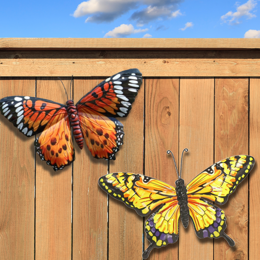 Large Butterfly Wall Art Yellow Orange - Metal Garden Fence Decoration 32 x 49cm