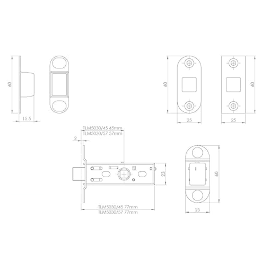 Magnetic Tubular Mortice Latch 57mm Backset Eurospec Round Satin Stainless Steel 3" for Doors