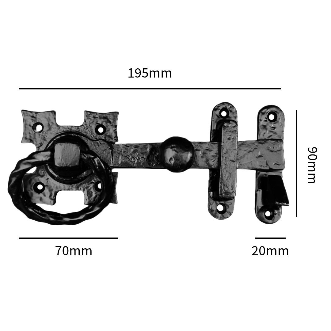 Twisted Ring Gate Latch Square Fleur de Lys Black Antique 200mm Garden Cottage