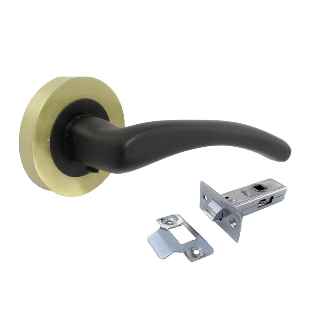 Zena Door Handle Modern Matt Black Lever on Satin Brass Rose Internal + Latch & Hinges