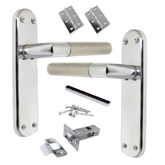 Door Handles Mitred Straight Lever Latch & Hinges Duo - Chrome Satin