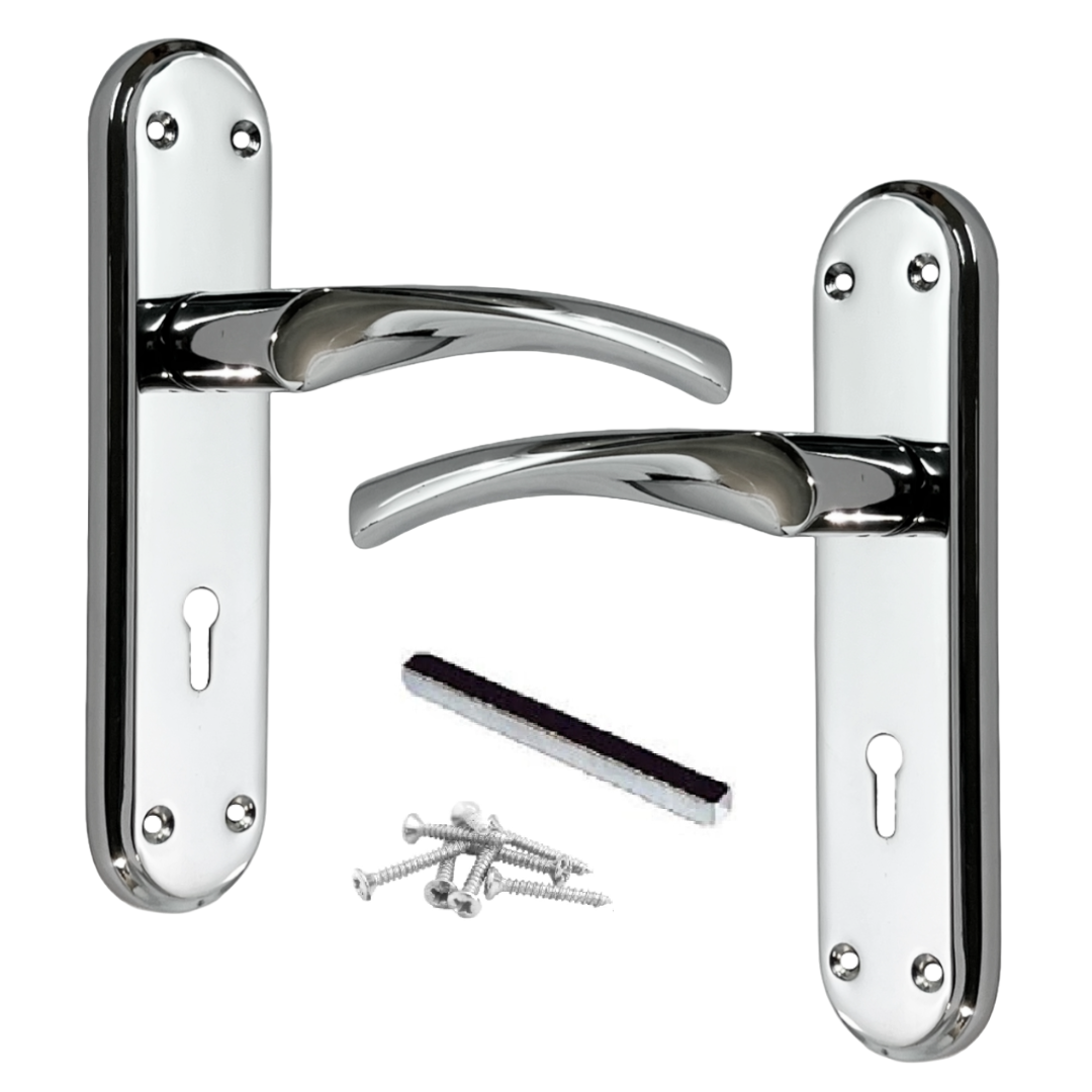 Genova Door Handles Polished Chrome Twist Lever Lock on Modern Marina Backplate