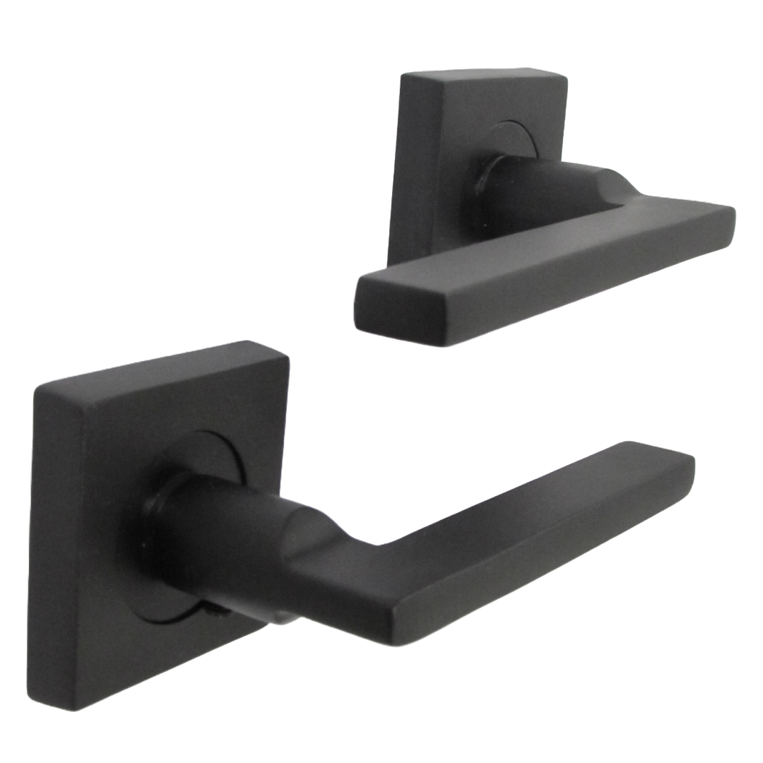 UNO Door Handle Matt Black Lever on Square Rose Internal Wooden Handles + 64mm Latch & Hinges
