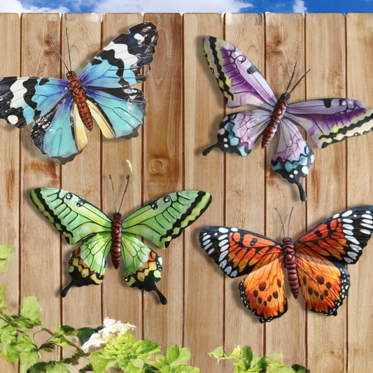 Metal Butterfly Wall Art Decoration - Pink Blue Green Orange Fence Butterflies