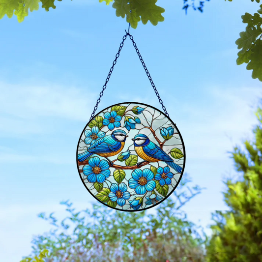 Stained Glass Suncatcher Blue Tit Hanging Round Orbit Garden Decoration