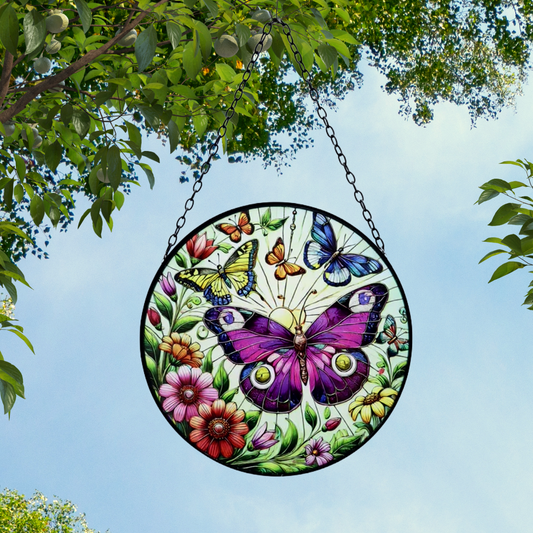 Stained Glass Suncatcher Butterfly Hanging Round Orbit Garden Decoration