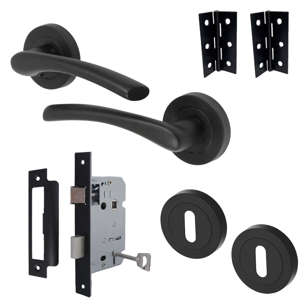 Zena Door Handle Lock Key Set Modern Design Matt Black Lever on Rose Internal Escutcheon