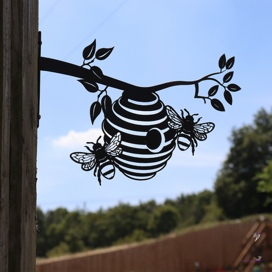 Beehive Branch Metal Black Silhouette, Tree or Fence Mountable Decor
