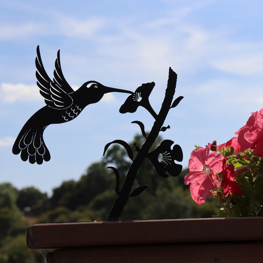 Hummingbird Branch Stand Metal Black Silhouette, Tree or Fence Mountable Decor