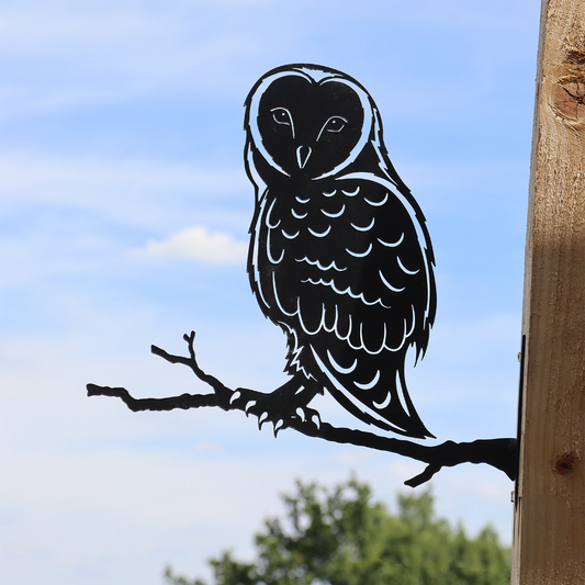 Owl Branch Stand Metal Black Silhouette, Tree or Fence Mountable Decoration