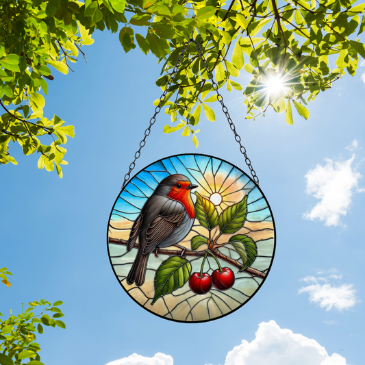 Stained Glass Suncatcher Robin Hanging Round Orbit Garden Decoration