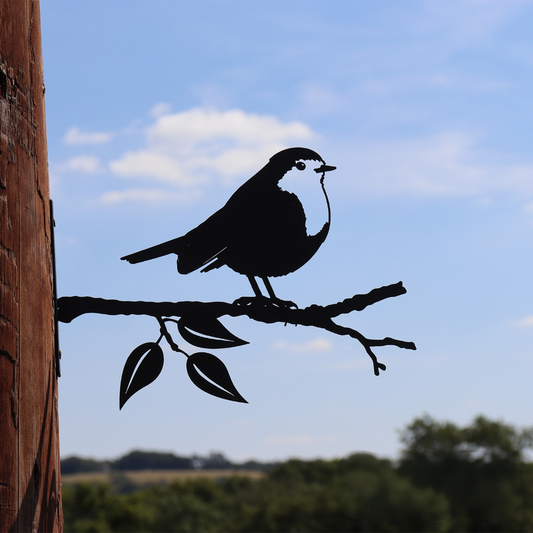 Robin Branch Stand Metal Black Silhouette, Tree or Fence Mountable Decoration