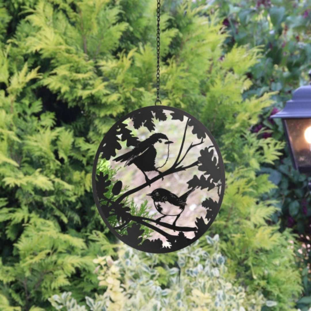 Hanging Robin and Wren Mirror Silhouette Spinner - Black Bird Tree Hanger
