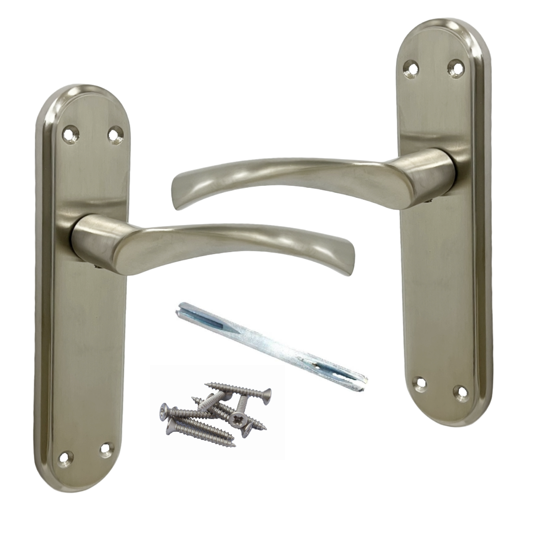Genova Door Handles Satin Twist Lever Latch on Modern Marina Backplate