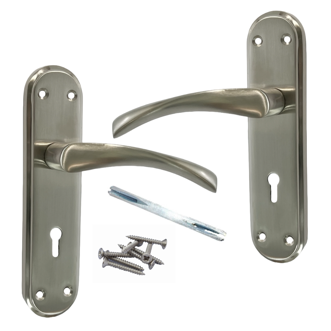 Genova Door Handles Satin Twist Lever Lock on Modern Marina Backplate