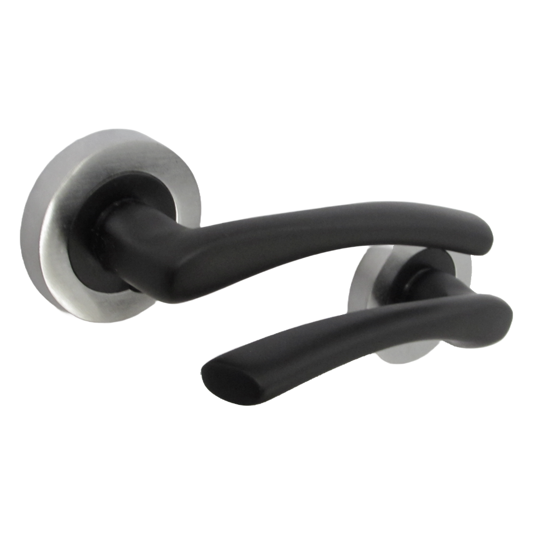Zena Door Handle Modern Matt Black Lever on Satin Chrome Rose Internal Latch Handles