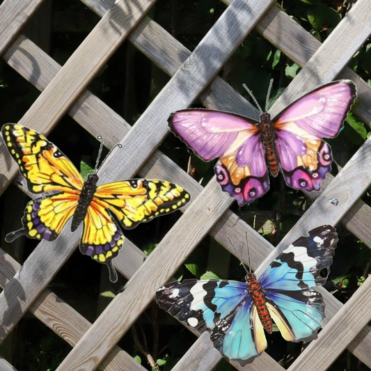 Set of 3 Metal Butterfly Wall Art - Pink Yellow Blue Butterflies
