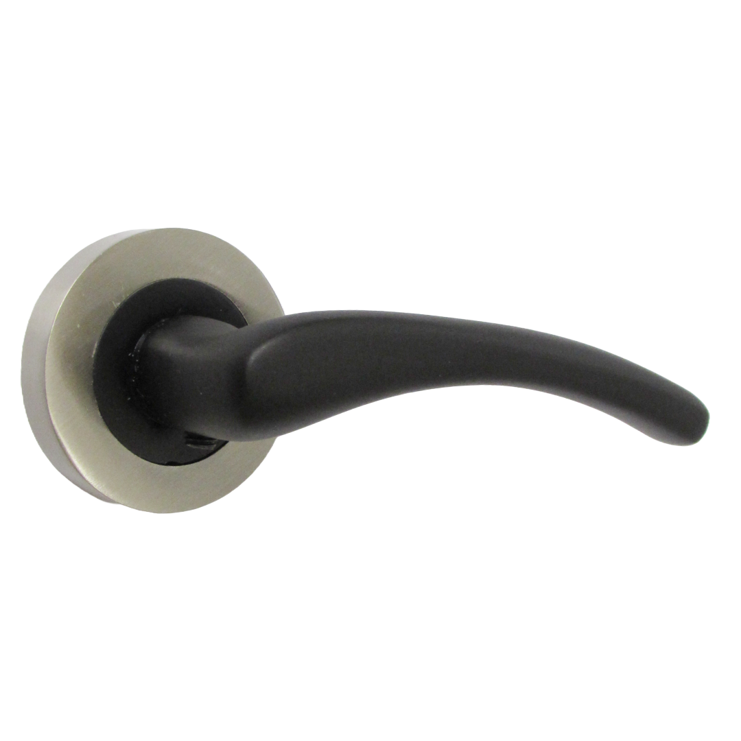 Zena Door Handle Modern Design Matt Black Lever on Satin Rose Internal Latch Handles