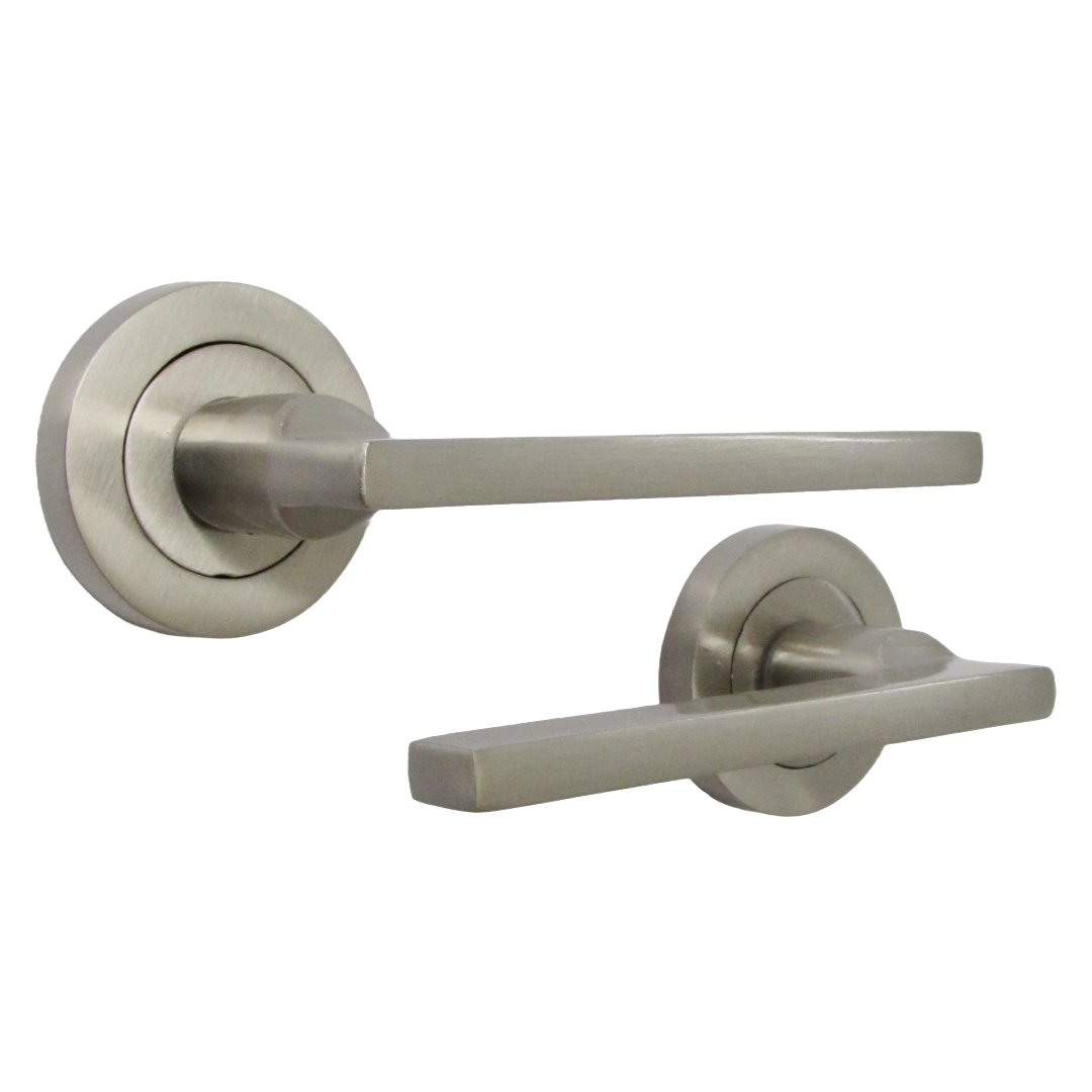 UNO Door Handle Lock Key Set Modern Satin Nickel Lever on Rose Internal Escutcheon Pack