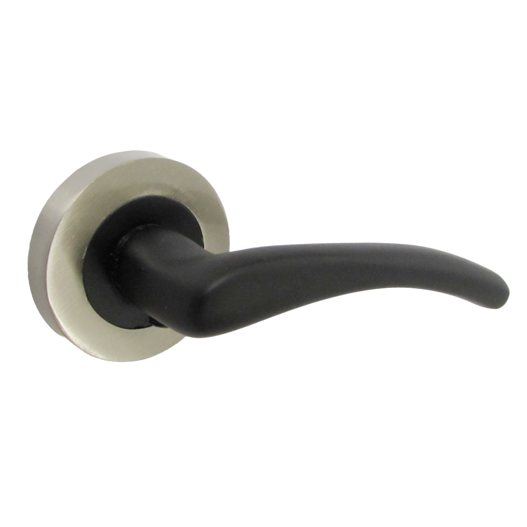 Zena Door Handle Lock Key Set Modern Matt Black Lever Satin Rose Internal Escutcheon