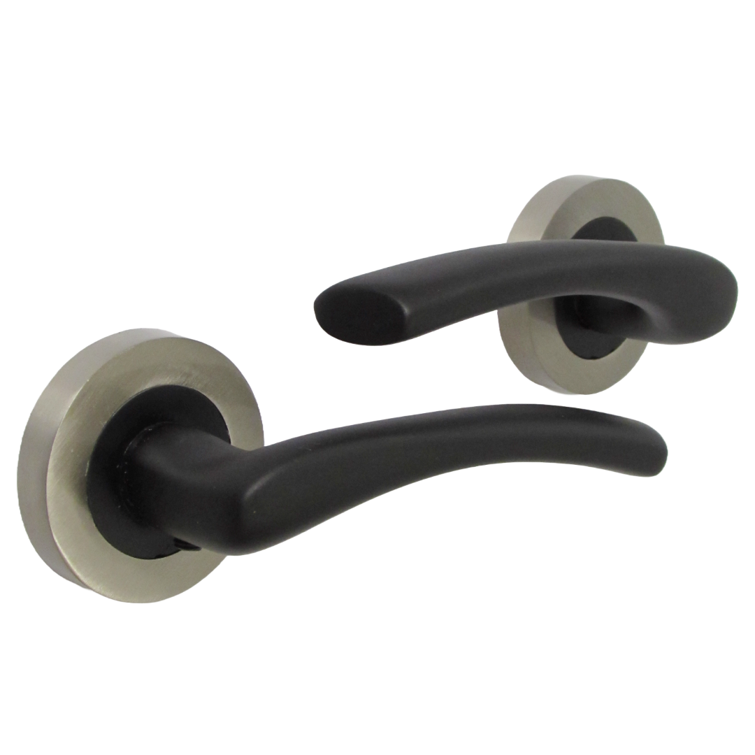 Zena Door Handle Lock Key Set Modern Matt Black Lever Satin Rose Internal Escutcheon