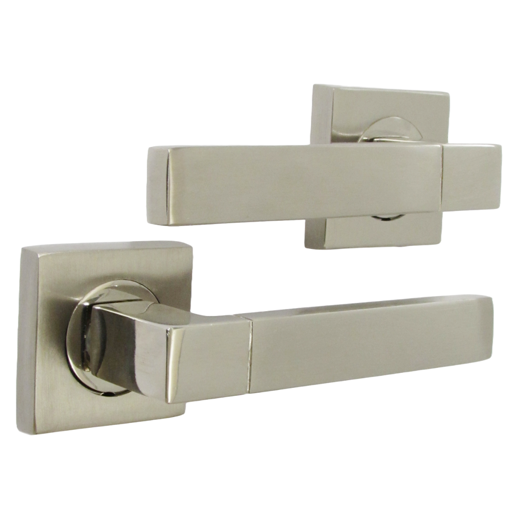 Cafri Line Door Handle Satin Nickel Rectangular Lever on Square Rose Internal Handles + 64mm Latch & Hinges