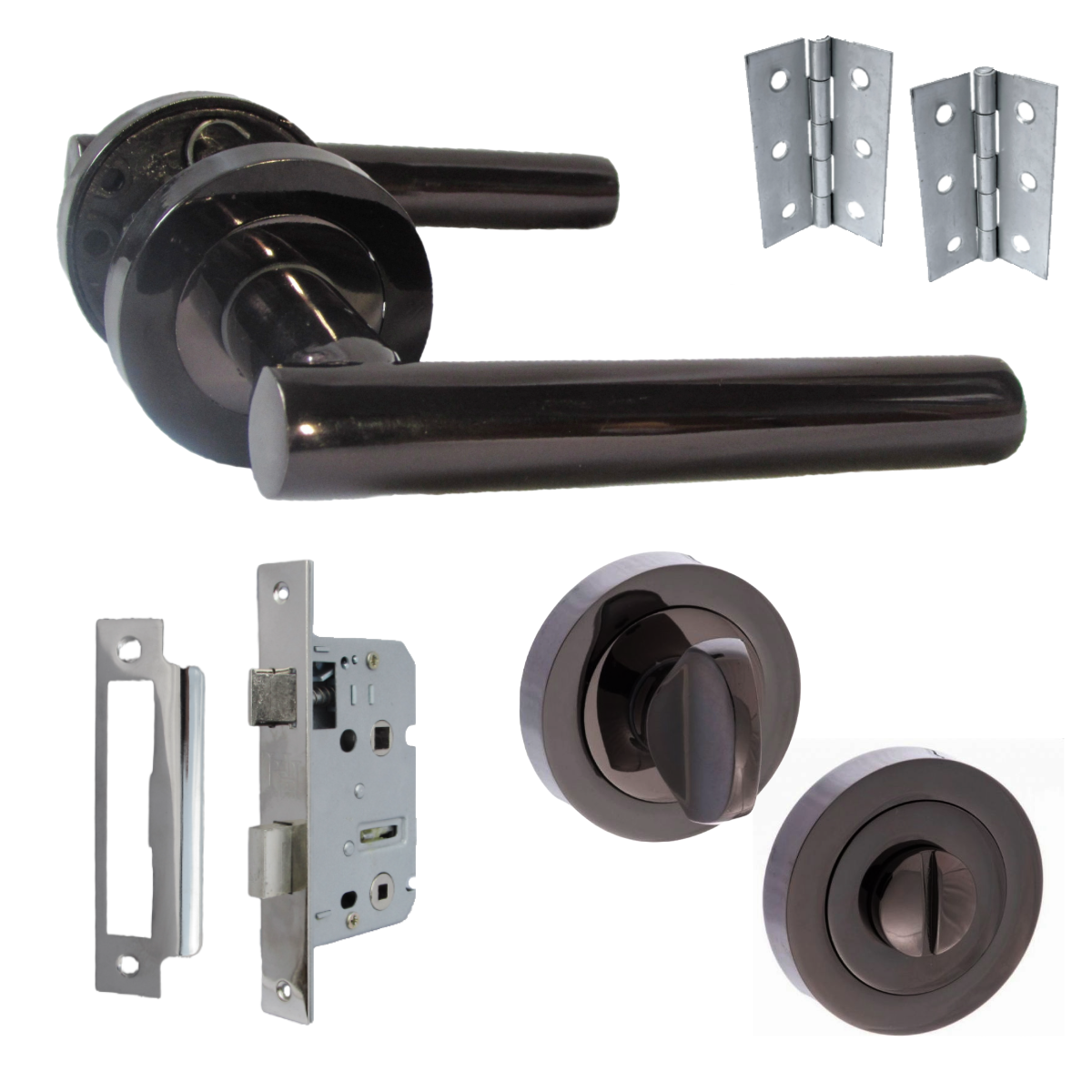 Door Handles T Bar Straight Lever on Rose Thumb turn & Lock & Hinges - Black Nickel