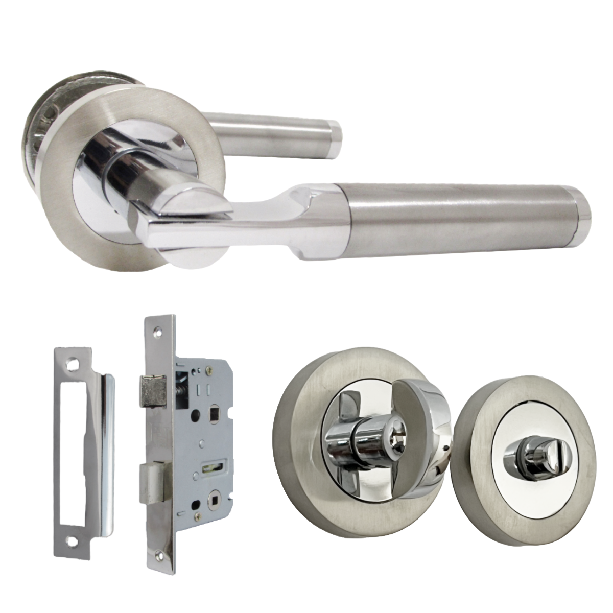 Electra Door Handles Latch Lever on Rose Duo - Chrome Satin Thumbturn Bath Pack 140mm