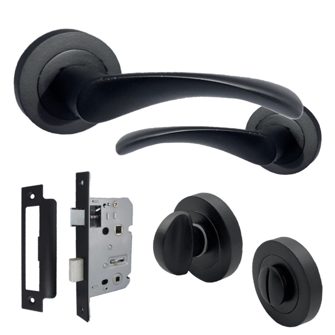 Astrid Door Handles Latch Twist Lever on Rose Matt Black Bath Thumbturn Lock 120mm