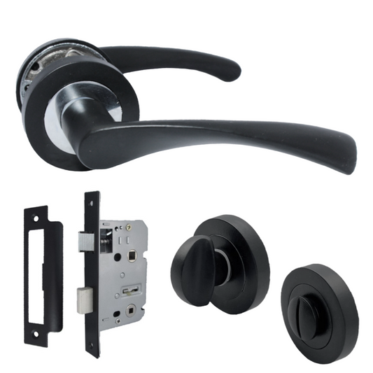 Astrid Door Handles Latch Twist Lever on Rose Duo Matt Black Chrome Bath Thumbturn Lock 120mm