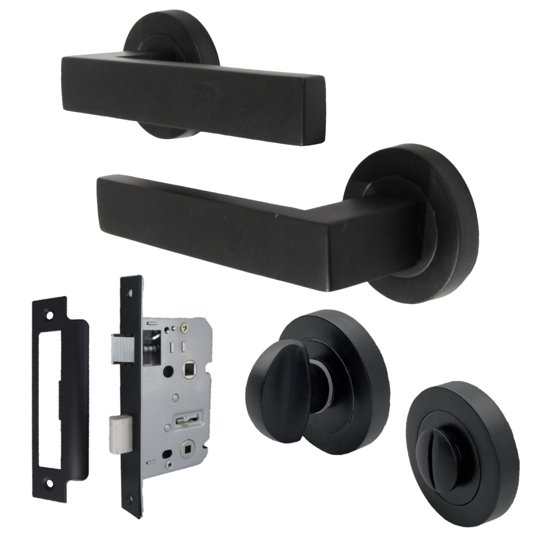 Cafri Door Handle Bathroom Set Modern Matt Black Lever on Rose Internal Thumbturn Door Pack