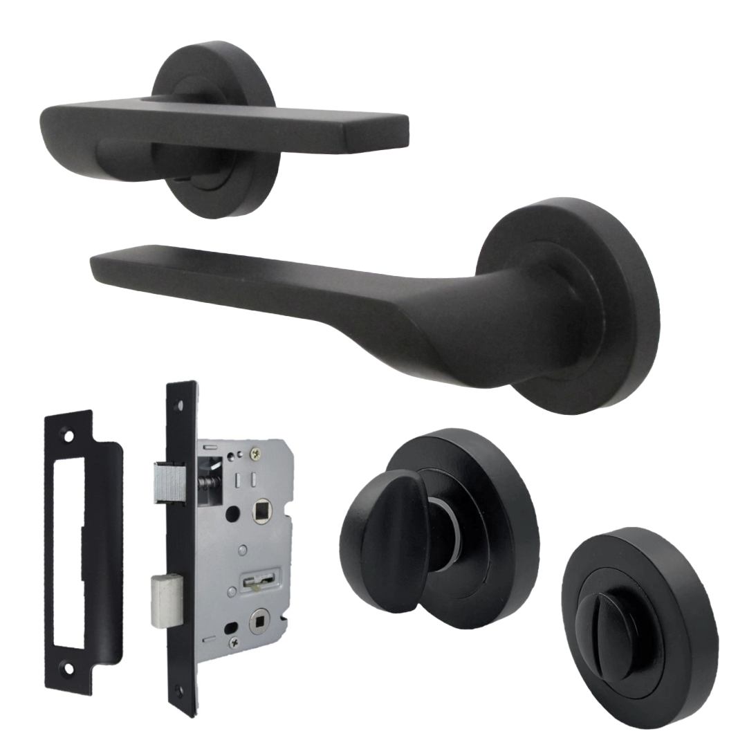UNO-2 Door Handle Bathroom Set Modern Matt Black Lever on Rose Internal Thumbturn