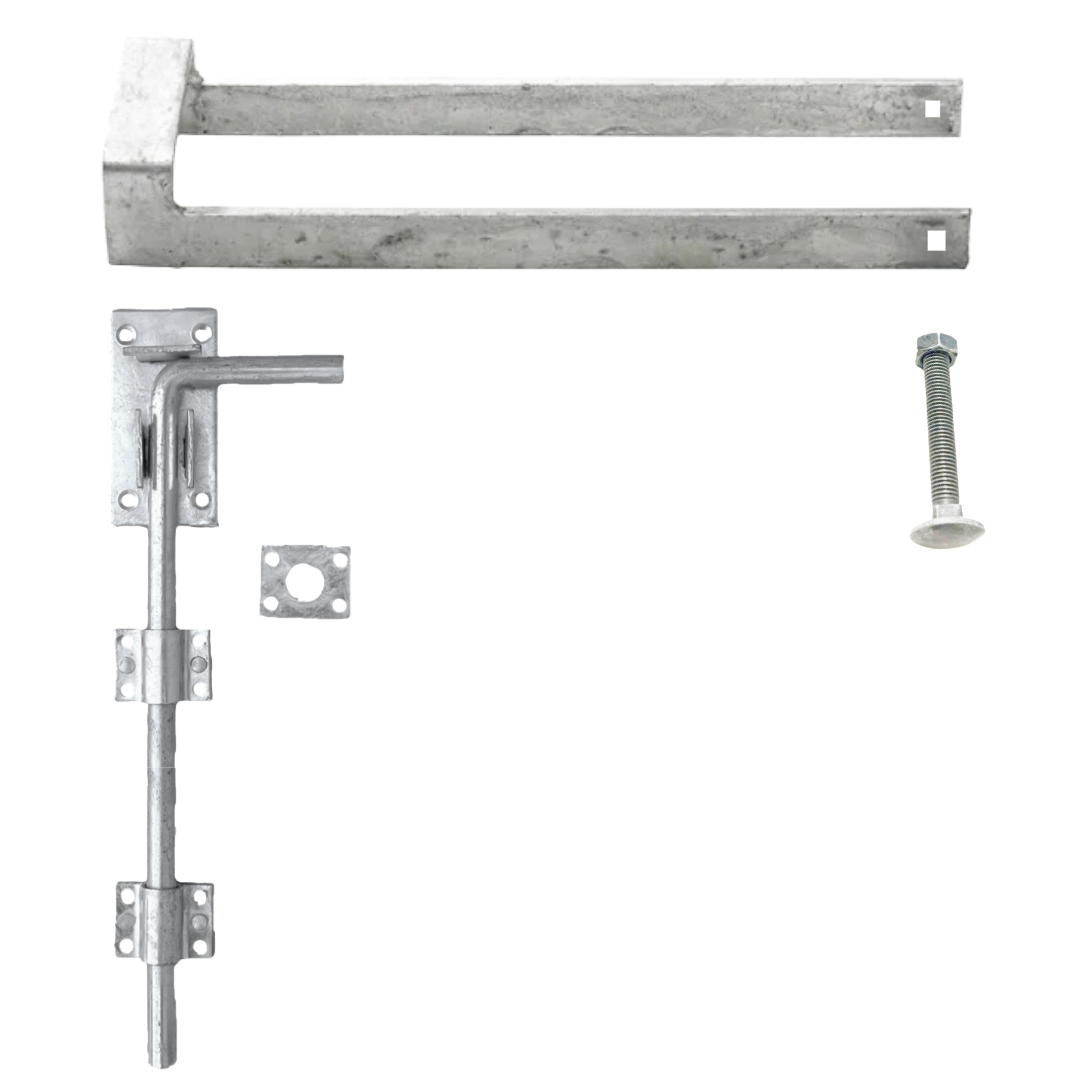 Double Gate Fastener Set Galvanised 18″ Drop Bolt 14″ Throw Over Loop Latch and Fixings
