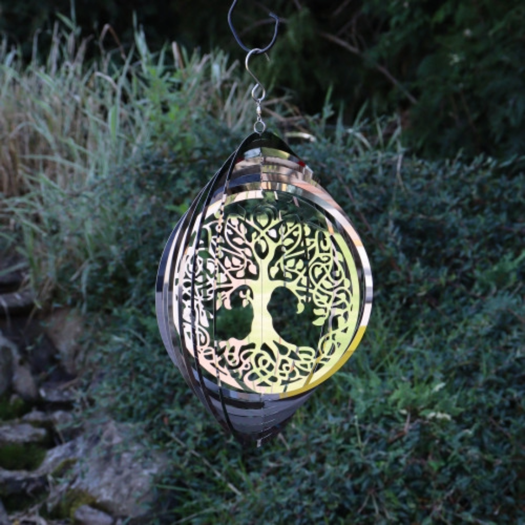 Tree of Life Silhouette Orbit Spinner - Hanging Stainless Steel Mirror